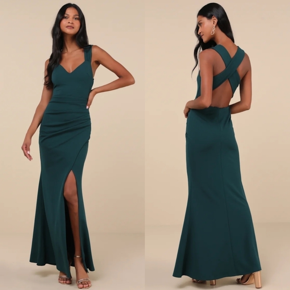 Lulus Captivating Luxury Dark Teal Backless Mermaid Maxi Dress M Wedding Party